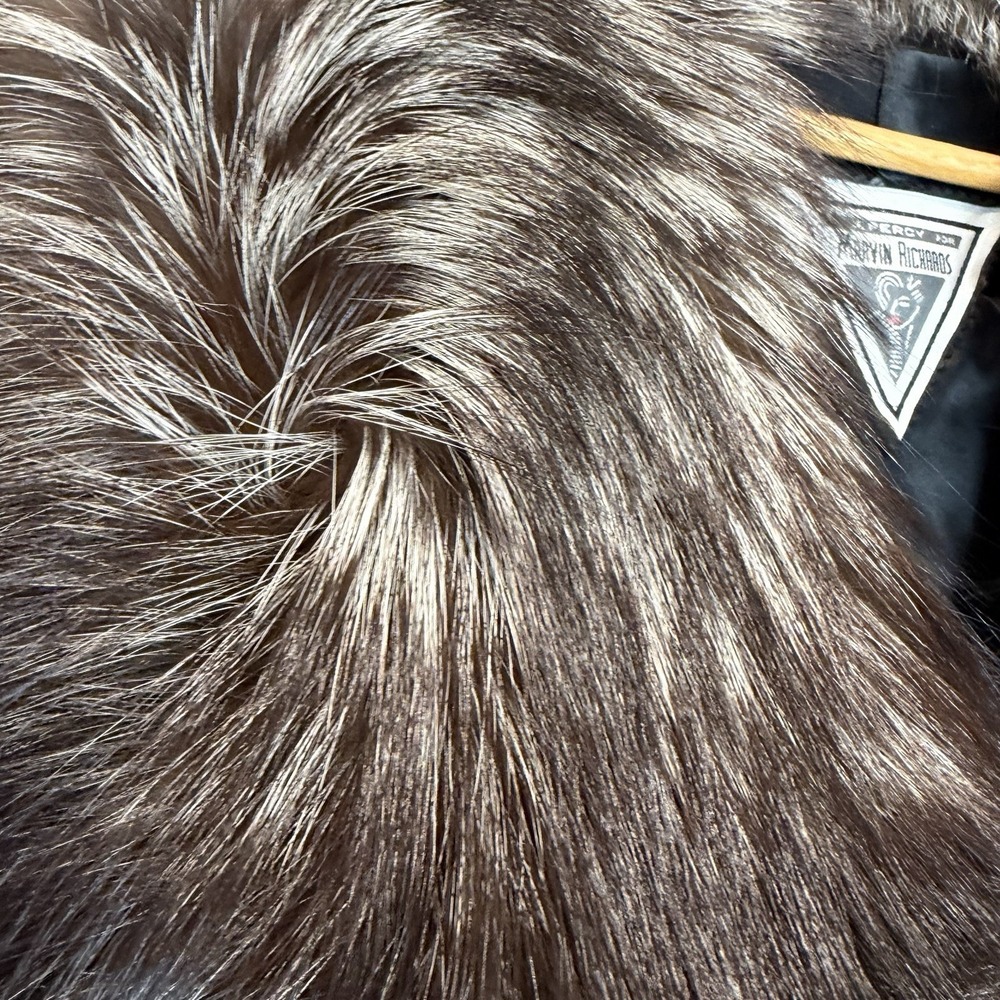 Vtg J Percy Marvin Richards Black Leather Silver Fox Fur Collar Coat ~ Women's L - Picture 13 of 16